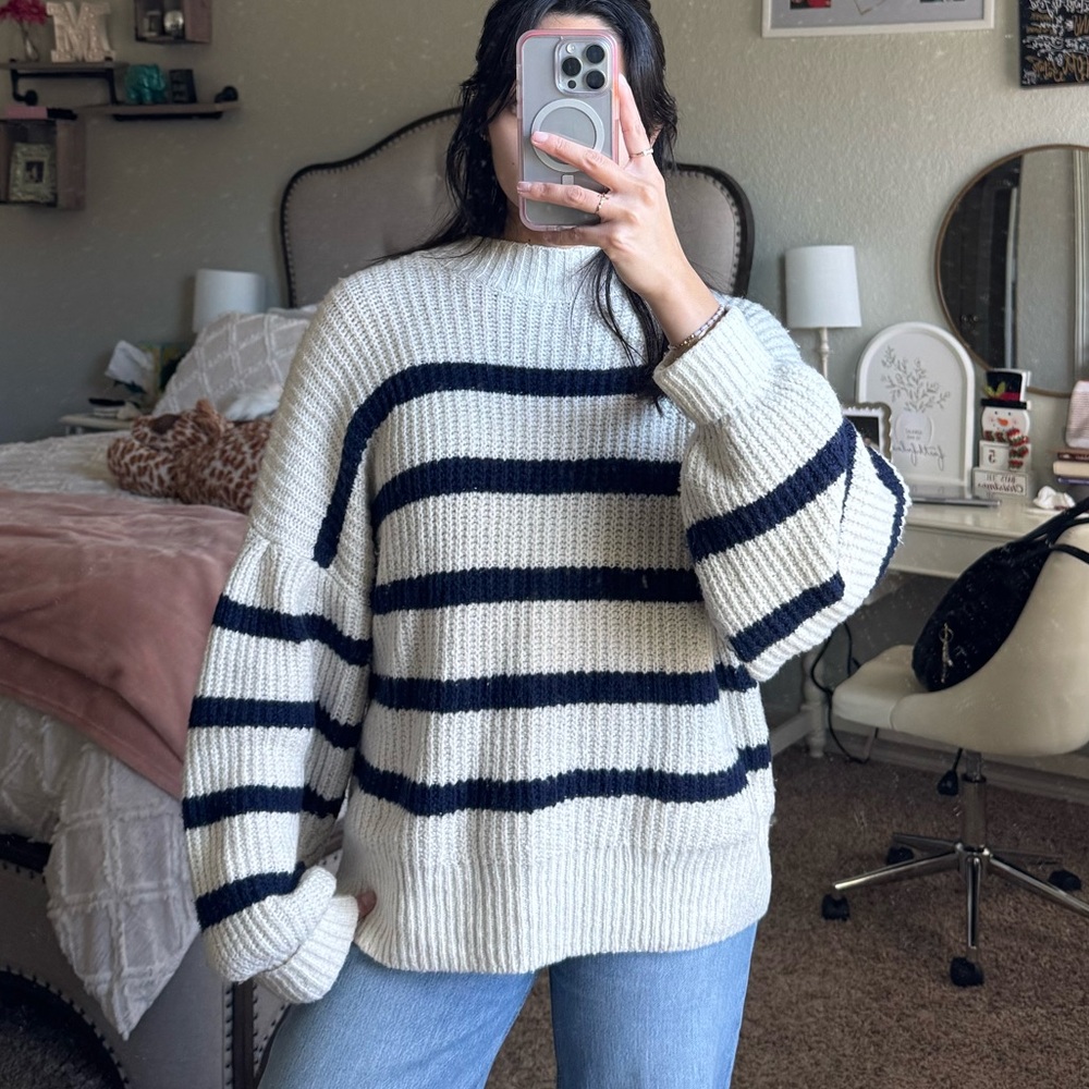Striped Knit Sweater - Navy and White